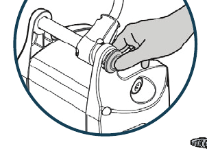 Close-up illustration of a thumb pressing the handle lock and release button while rotating the pull handle of the Oxlife INDEPENDENCE.