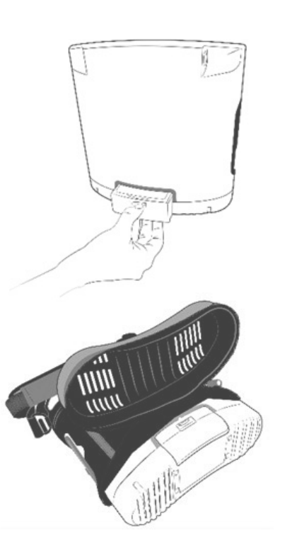 Illustration of a hand sliding the rechargeable battery out of the battery bay on the underside of the Oxlife LIBERTY, and a second view of the battery separated from the device.